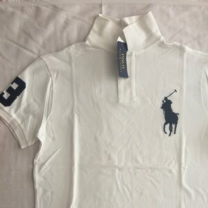 Ralph Lauren White Polo with Navy Pony and Sleeve Number